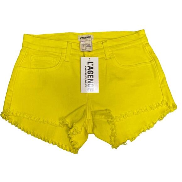 L’AGENCE Women Bright Yellow Raw Hem Denim Shorts Size 25 NWT
